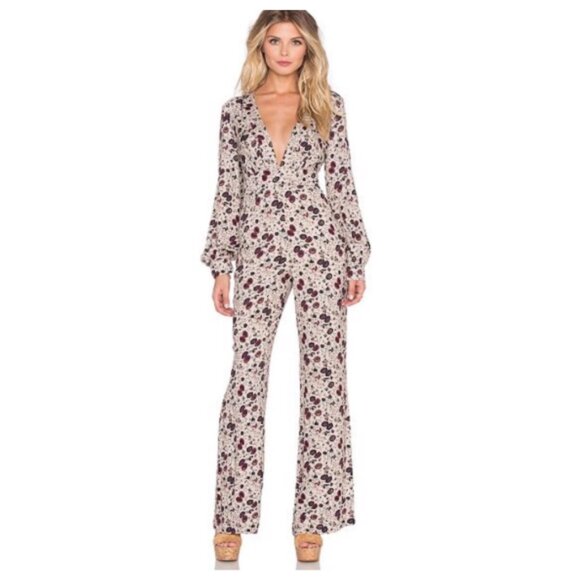 Free People Pants - FREE PEOPLE Some Like It Hot Floral Jumpsuit Long Sleeve Deep V-Neck Women's 0